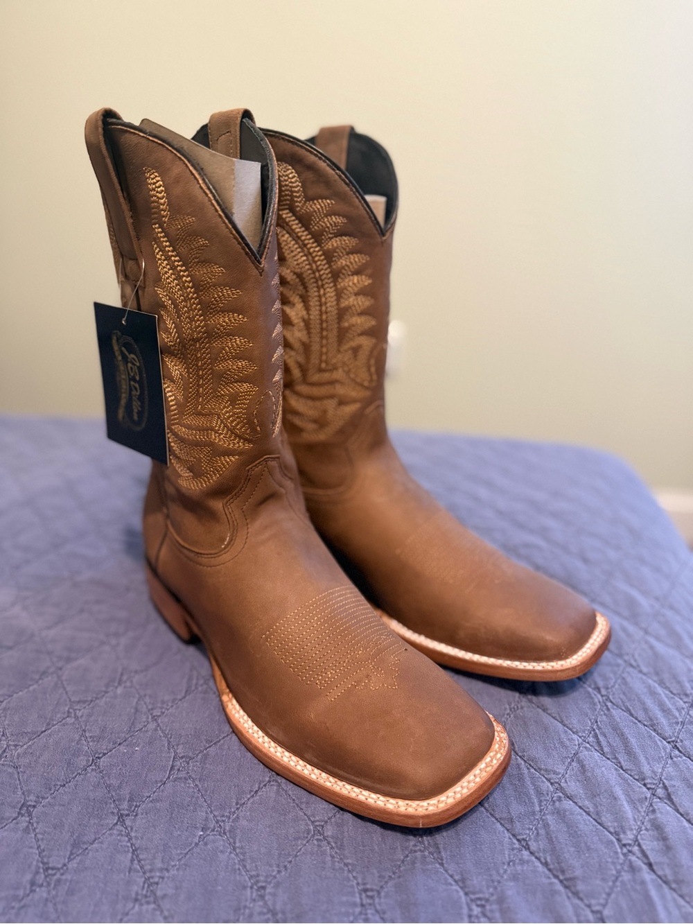 J.B. Dillon Brown Leather Western Cowboy Boots with Embroidered Shaft